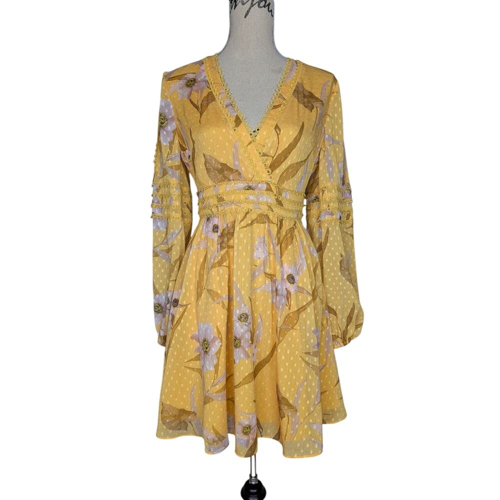 Ted Baker Posyy Yellow Floral Swiss Dot Lace Trim Cottagecore Dress